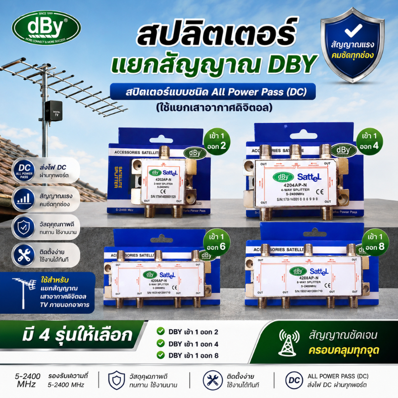 DBY สปิตเตอร์แยกสัญญาณทีวีดิจิตอล All Power Pass (DC) 5-2400MHz เข้า 1 ออก 2 / 4 / 6 / 8 รองรับเสาอากาศและดาวเทียม