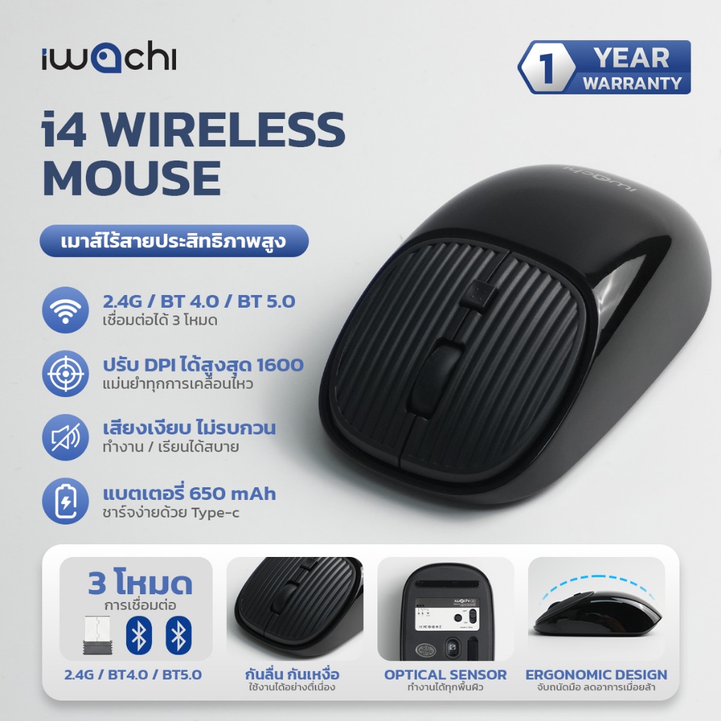 เม้าส์ไร้สาย IWACHI I4 Wireless mouse rechargable bluetooth mouse รองรับ 2.4G BT4.0/BT5.0 ไร้เสียงรบ