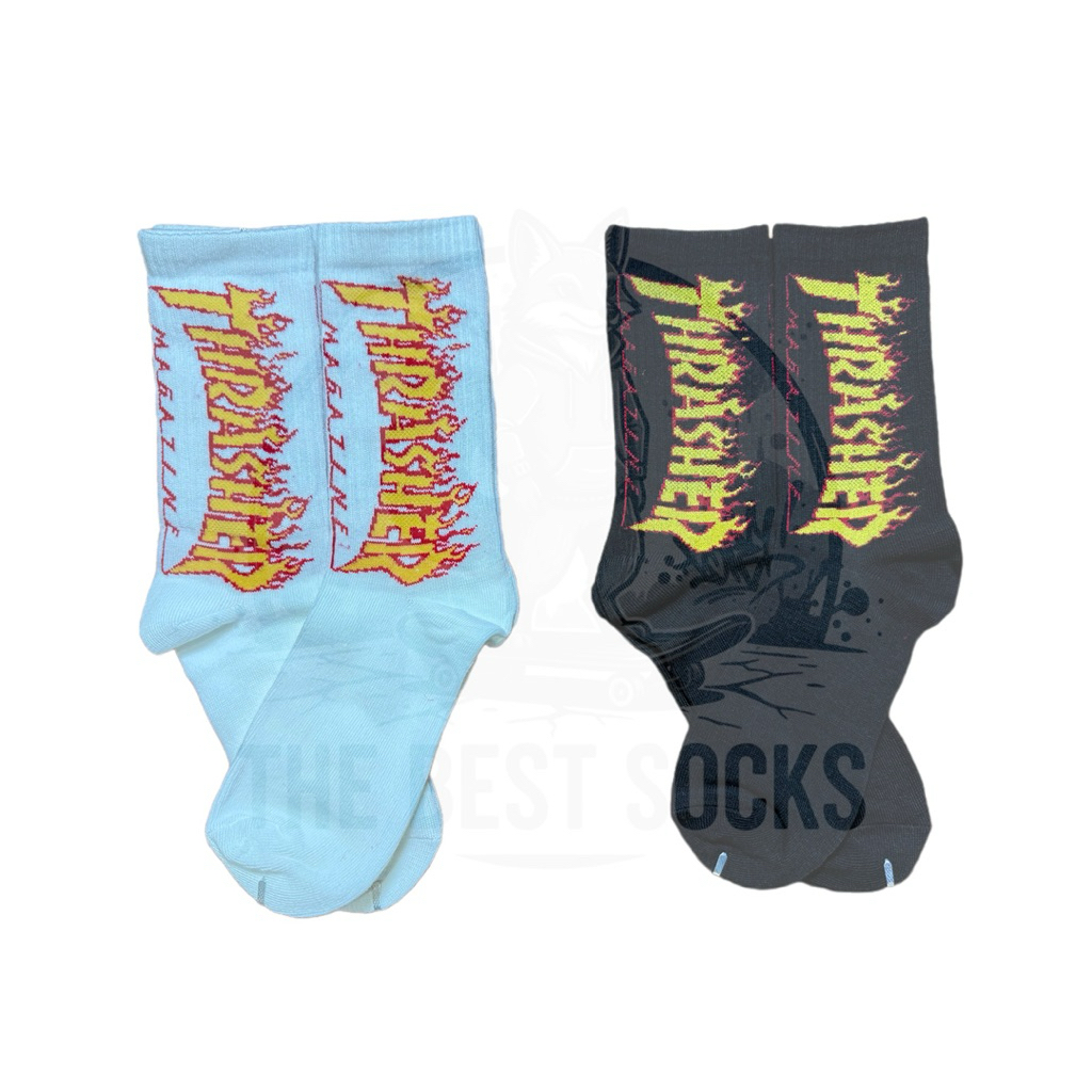 ถุงเท้าสตรีท แฟชั่น ลายTHRASHER สีพื้น ขาว - ดำ FREE SIZE