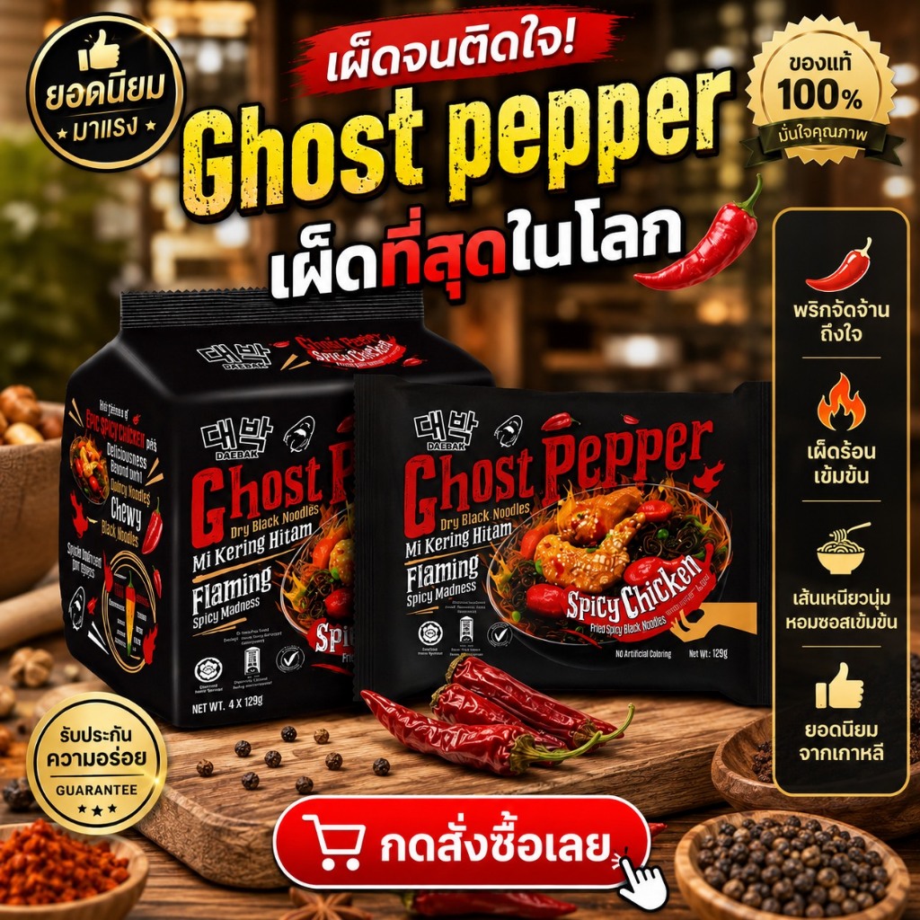 (ถูกที่สุด​ พร้อมส่ง)💥 (1แพ็ค 4ซอง) มาม่าผีบอก โกสเปปเปอร์ เส้นดำเผ็ดที่สุดในโลก🔥ซอง 129g