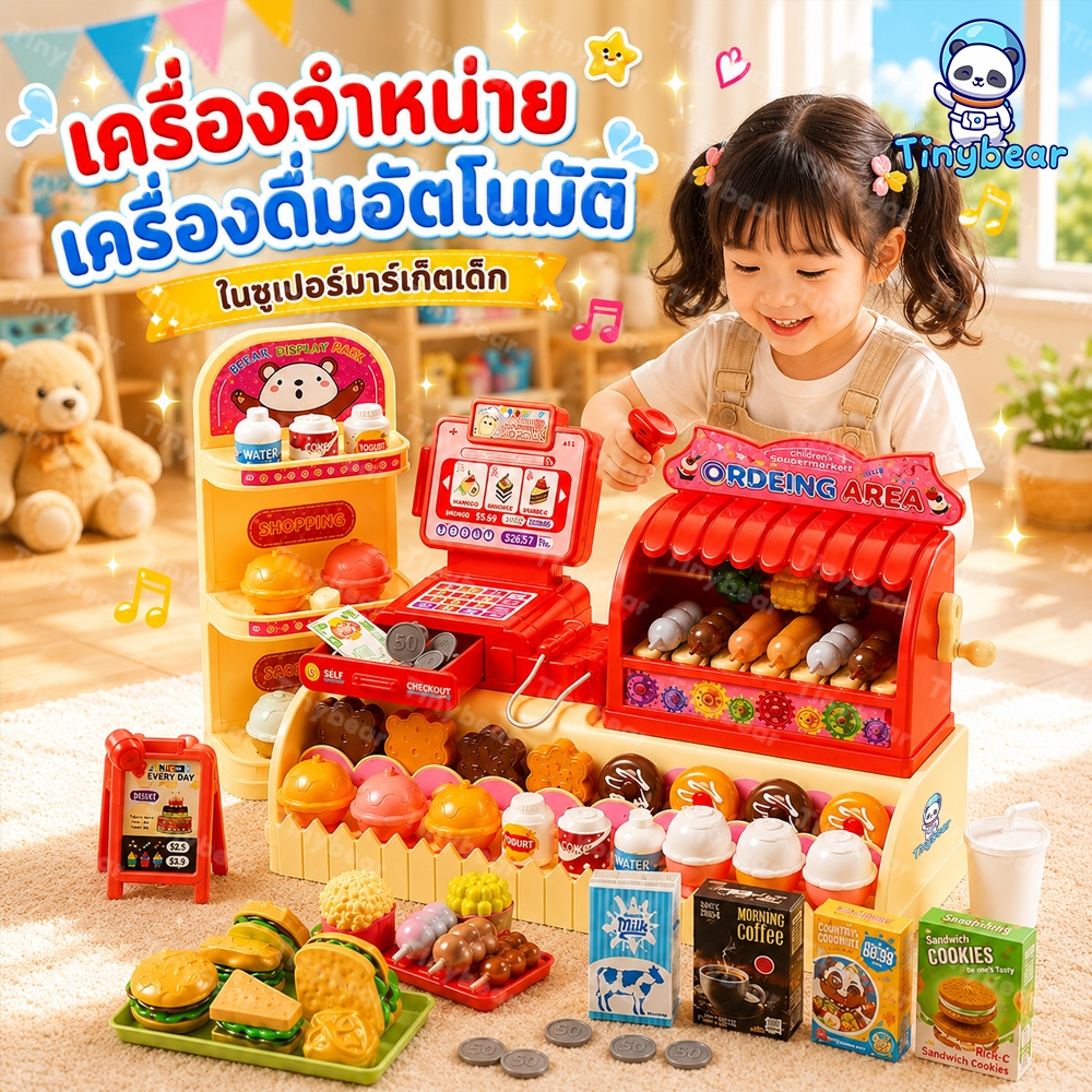 TinyBear ของเล่นซูเปอร์มาร์เก็ตเด็ก เครื่องจำหน่ายเครื่องดื่มอัตโนมัติ ชุดแคชเชียร์ มีเสียง มีไฟ เล่นบทบาทสมมติ