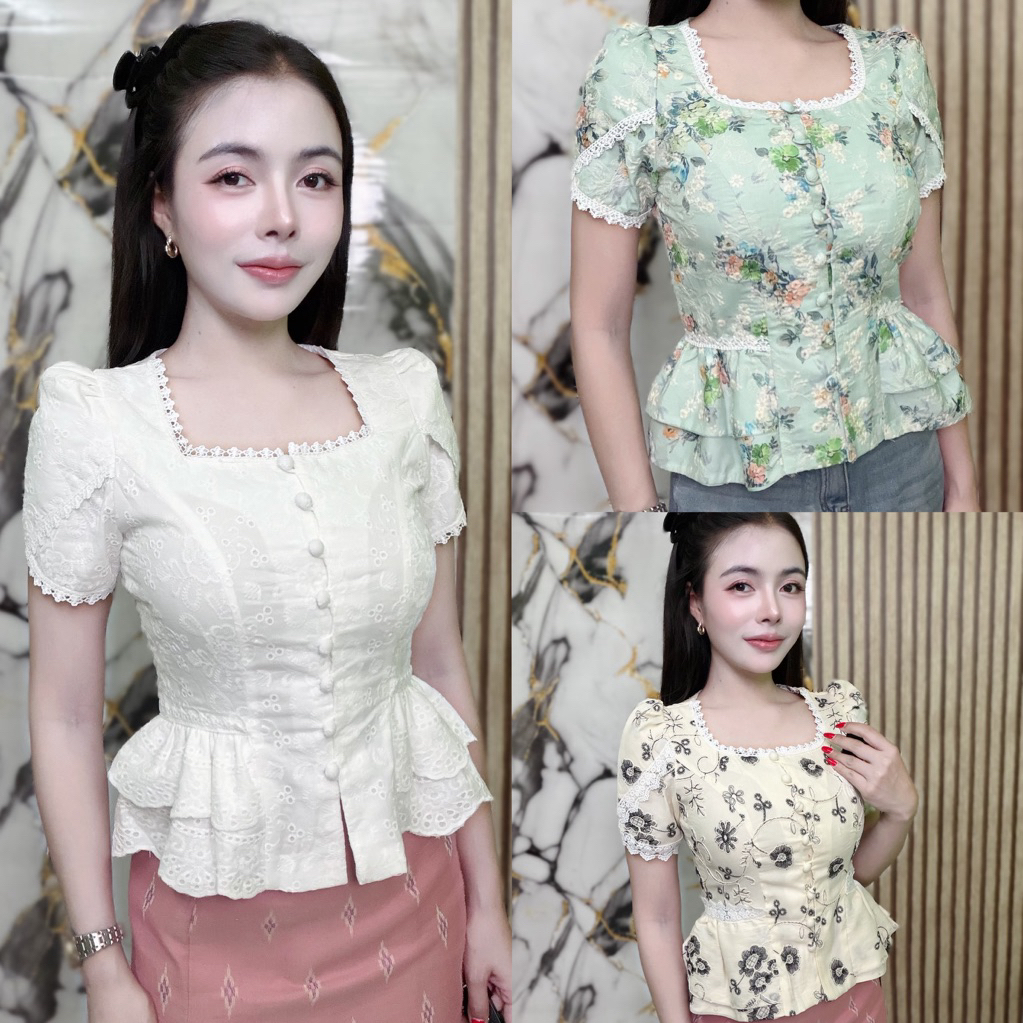 เสื้อลูกไม้ปักฉลุ (คอยู) แต่งแถบลูกไม้ รหัสสินค้าSCD20