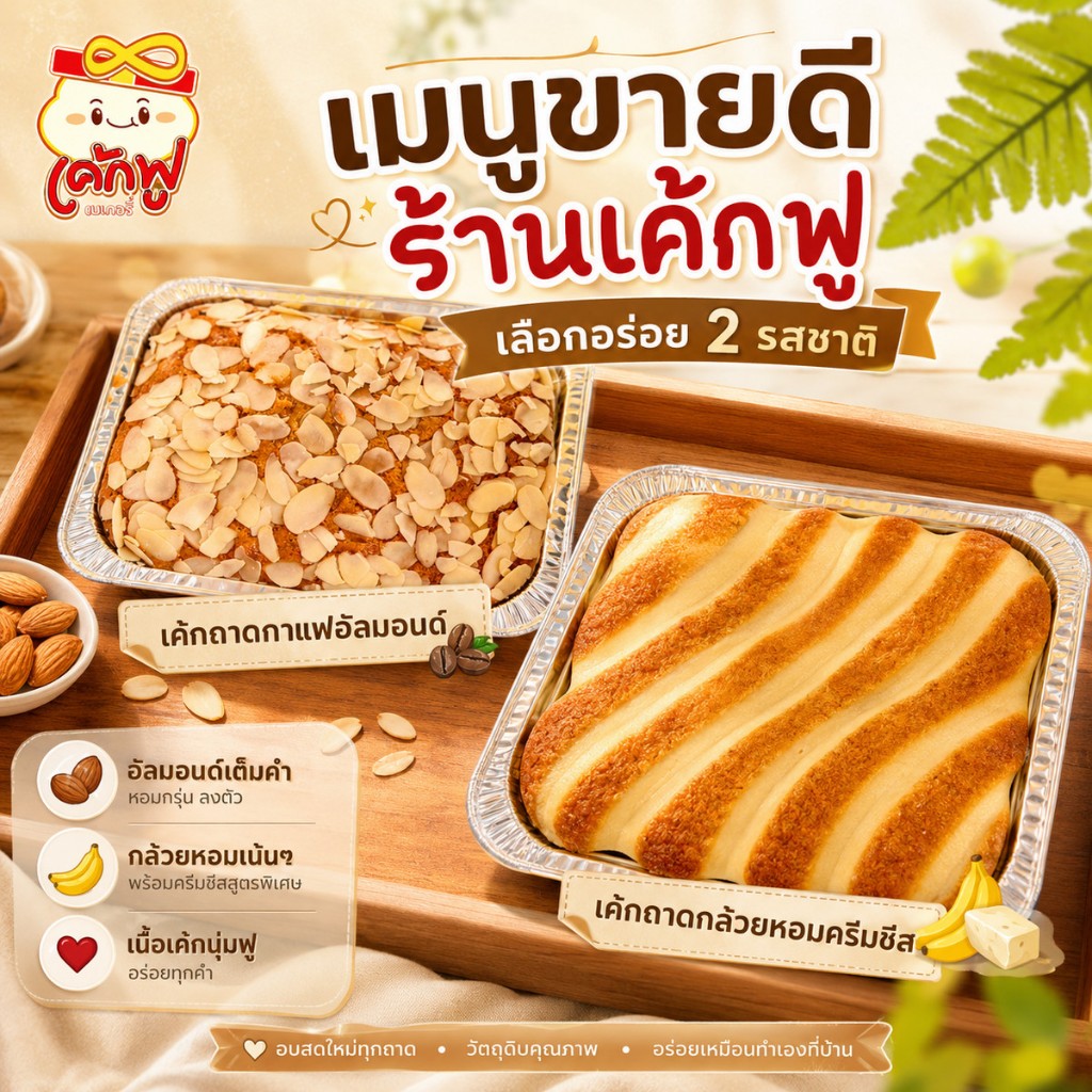เค้กฟู เค้กถาดหน้าแน่น เลือก 2 รส กาแฟอัลมอนด์ / กล้วยหอมครีมชีส อบสดใหม่