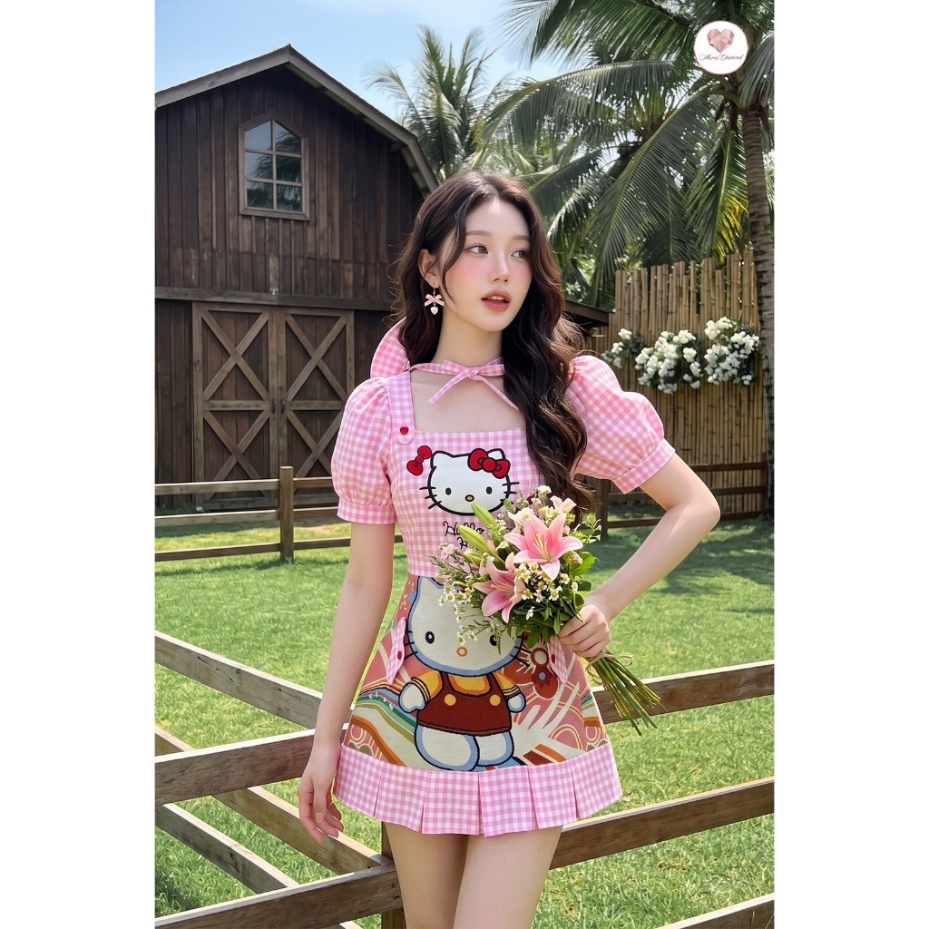 (มี3XL) เซ็ต 2 ชิ้น Control Kitty Dress เดรส + หมวก เดรสผ้าคอตตอนสก็อตสีชมพู ตัดต่อผ้าทอลายคิตตี้ ซิปหลัง มีซับใน