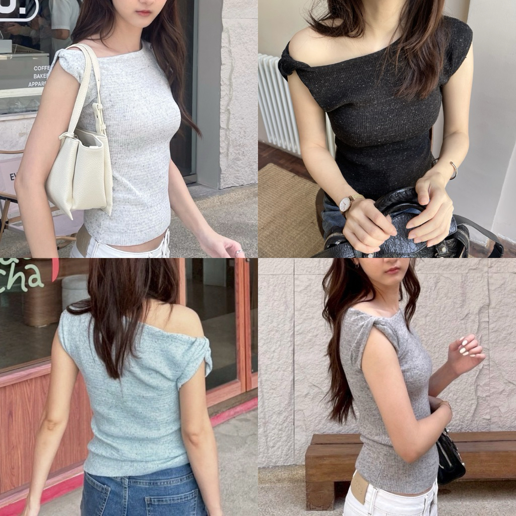 BASICBABE - Caro Twist Top เสื้อปาดไหล่ พร้อมดีเทลม้วนช่วงไหล่