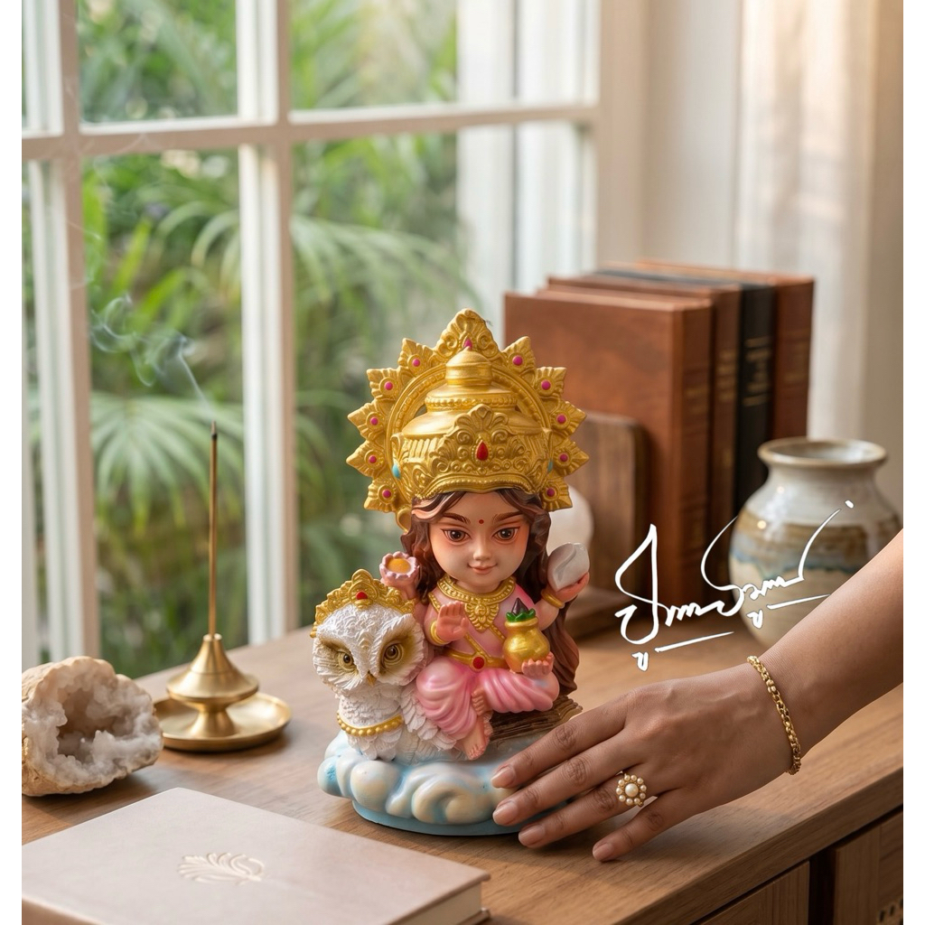 พระแม่ลักษมี ประทับนกฮูก ลิขสิทธิ์ ปูจา อมูเลท ( Puja Amulets ) ขนาด 5 นิ้ว ทำพิธีเรียบร้อย