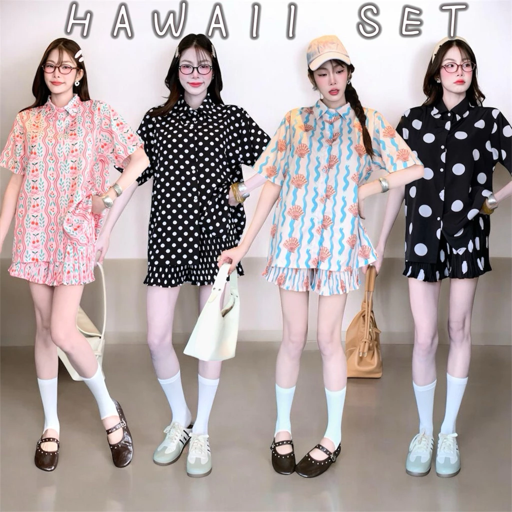 EM.HINT Hawaii set pleat ชุดเซต เสื้อฮาวาย พลีท free size อก44“