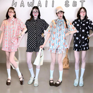 EM.HINT Hawaii set pleat ชุดเซต เสื้อฮาวาย พลีท free size อก44“