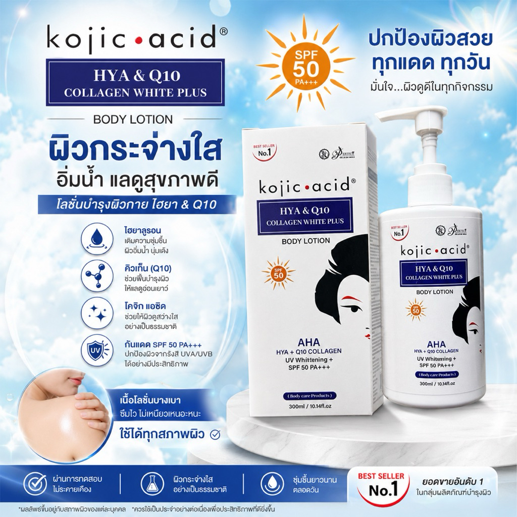 kojic•acid® HYA & Q10 COLLAGEN WHITE PLUS BODY LOTION โลชั่น โคจิค บลู 300ml