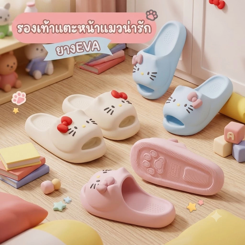 รองเท้าแตะหน้าแมวสุดน่ารัก ใส่แล้วน่ารักเกินต้าน พื้นนิ่ม เดินสบาย น้ำหนักเบา พื้นกันลื่น เหมาะสำหรับใส่ในบ้าน