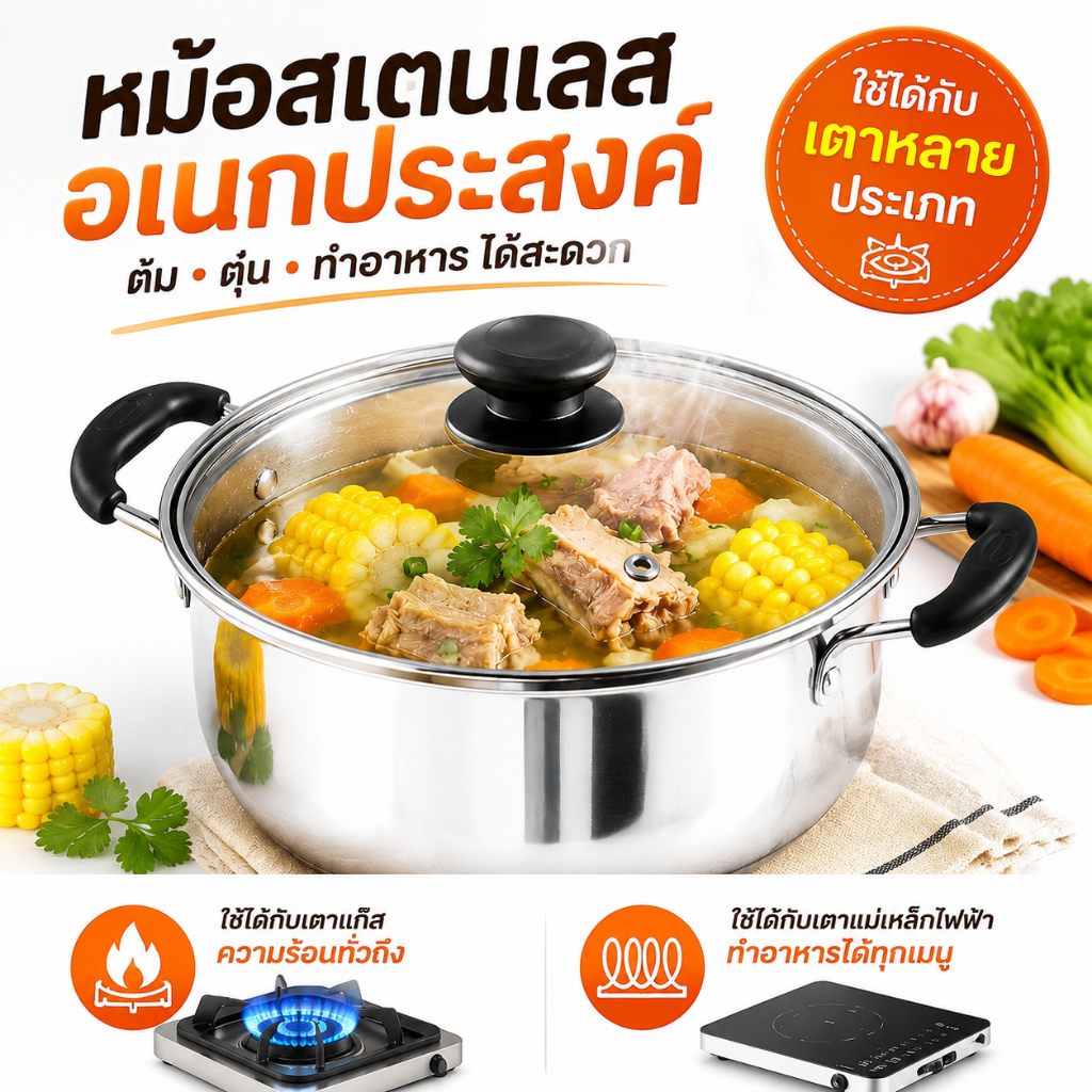 หม้อชาบู2ช่อง สแตนเลส304 ใช้กับเตาแม่เหล็กไฟฟ้าได้ หม้อซุปอเนกประสงค์ ไม่ติดกระทะ เครื่องครัวประจำบ้าน ขายดีคุณภาพดี