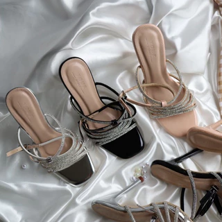 YOURSHOES B73 (เท้าอวบ +เพิ่ม 1ไซส์) / รองเท้าส้นสูง 4 นิ้ว แต่งเพชร รองเท้าผู้หญิง รองเท้ารัดข้อ