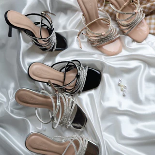 YOURSHOES B73 (เท้าอวบ +เพิ่ม 1ไซส์) / รองเท้าส้นสูง 4 นิ้ว แต่งเพชร รองเท้าผู้หญิง รองเท้ารัดข้อ