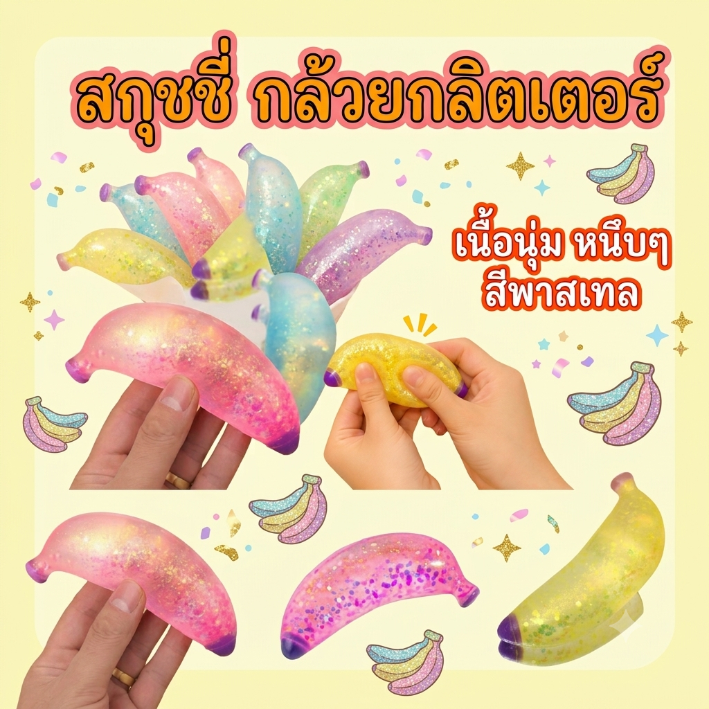 สกุชชี่ กล้วย กลิตเดตอร์ แบบใส สีสวย สกุชชี่น้ำแข็ง รูปทรงกล้วย ของเล่นบีบนุ่ม หลากหลายแบบ ของเล่นบีบ สกุชชี่