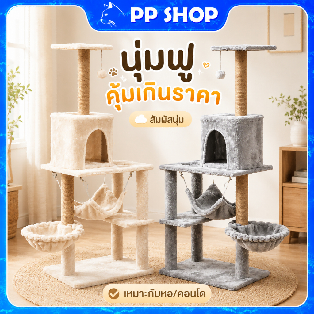 คอนโดแมว คอนโดกำมะหยี่และคอนโดไม้ คอนโดแมวไม้ เหมาะสำหรับแมว 3-6 ตัว แข็งแรงและไม่สั่นง่าย