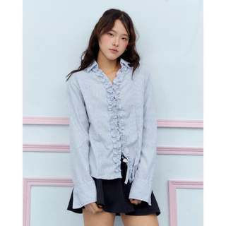 Panchitar Ruffle Shirt – เสื้อเชิ้ตแขนยาวสีขาวลายทางสีฟ้า ที่เพิ่มความไม่ธรรมดาด้วยระบายกลางอกและดีเทลซ่อนกระดุม