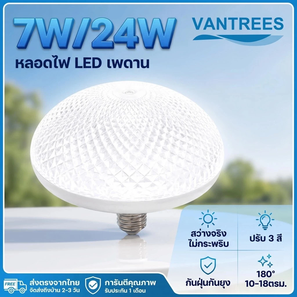 หลอดไฟ LED เพดาน E27 7W/24W สว่างจริง ไม่กระพริบ ปรับ3สี กันฝุ่นกันยุง ประหยัดไฟ ทนทาน 10-18ตรม 180องศา ส่งไว VANTREES
