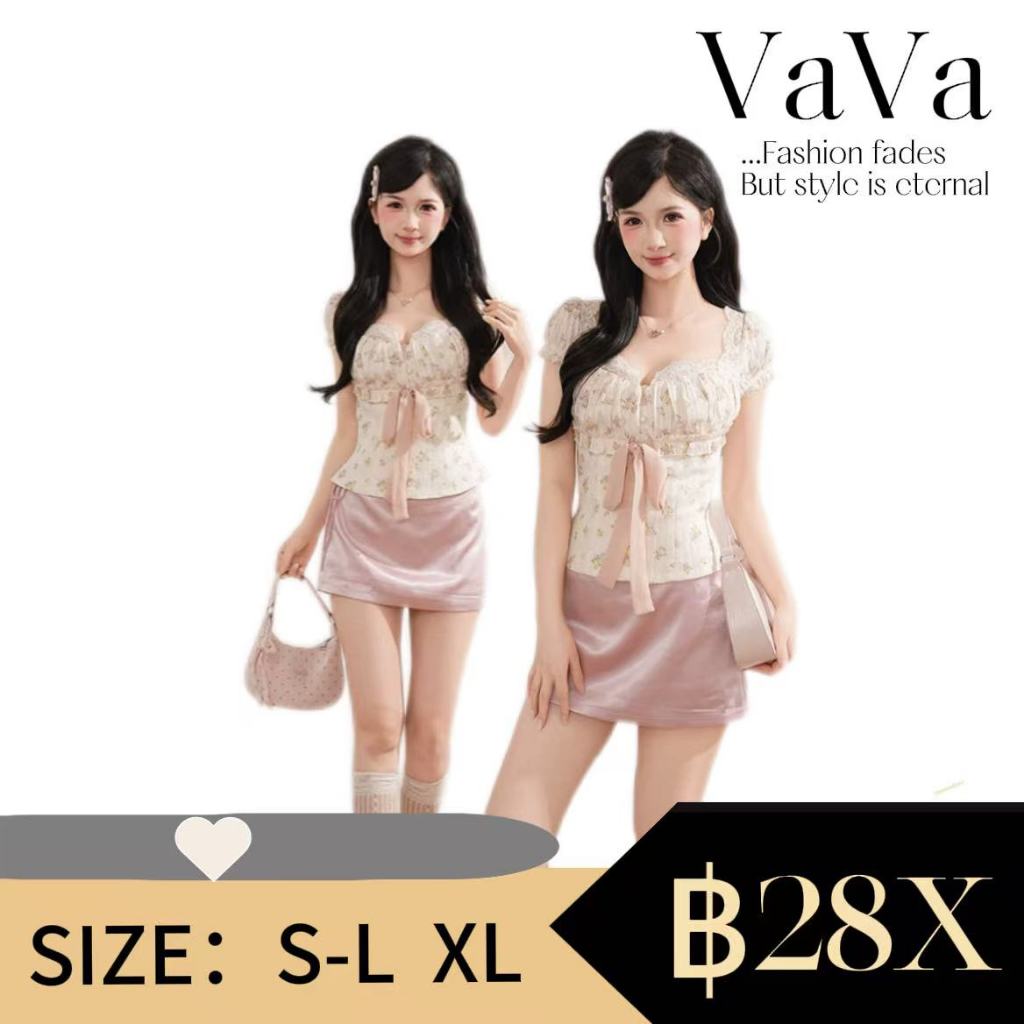 VaVa【ในสต็อก】ชุดเสื้อโบว์พิมพ์ลายดอกไม้หวานๆ และกระโปรงลูกไม้