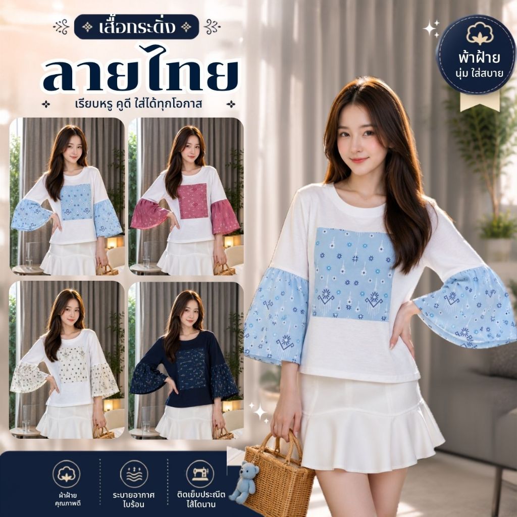 เสื้อแขนกระดิ่ง-แต่งลายไทย 4 สี 4 แบบ