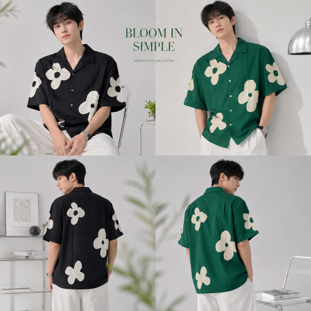 11.WOLF Hawaii Shirt  เสื้อเชิ๊ตแขนสั้นต่อลายดอกดำเขียว / H235