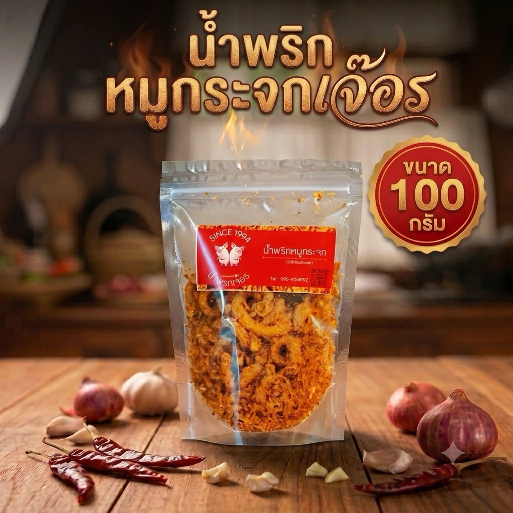 น้ำพริกหมูกระจกเจ๊อร (100 กรัม) สูตรต้นตำรับแพร่ หมูกระจกกรอบ โฮมเมด ทอดใหม่ทุกวัน