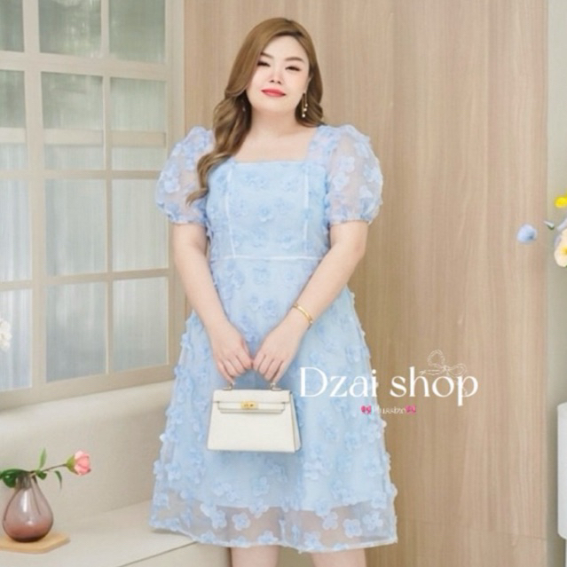 เดรสplussizeลายดอกไม้สวยหวาน *ผ้าไหมแก้วสกีนลายดอกเดชี่
