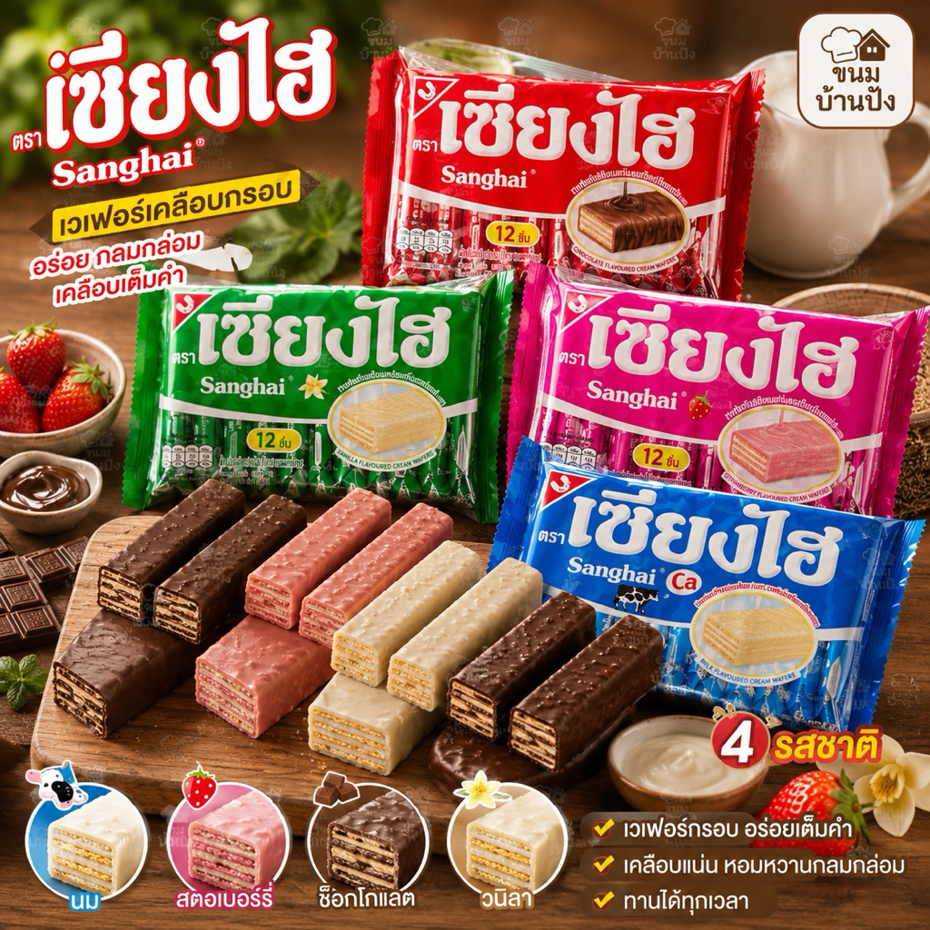 (6แพ็ค) แพ็ค12ชิ้น เซียงไฮเวเฟอร์ ตำนานขนมอร่อย มากกว่า 30 ปี แพ็ค72กรัม