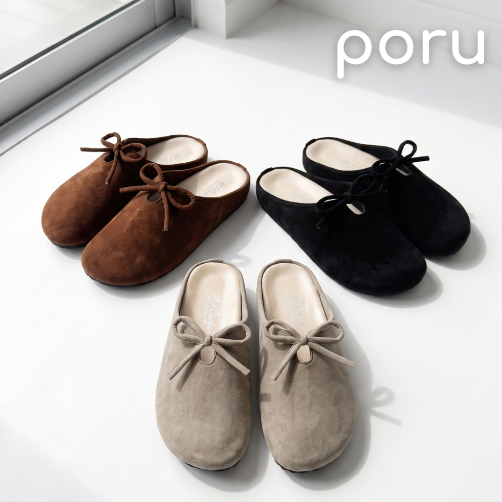 PORU +1ไซส์ รองเท้าหุ้มหัว ผูกโบว์ แบบสวม สไตล์มินิมอลเกาหลี พื้นนุ่ม ไซส์ 36-41