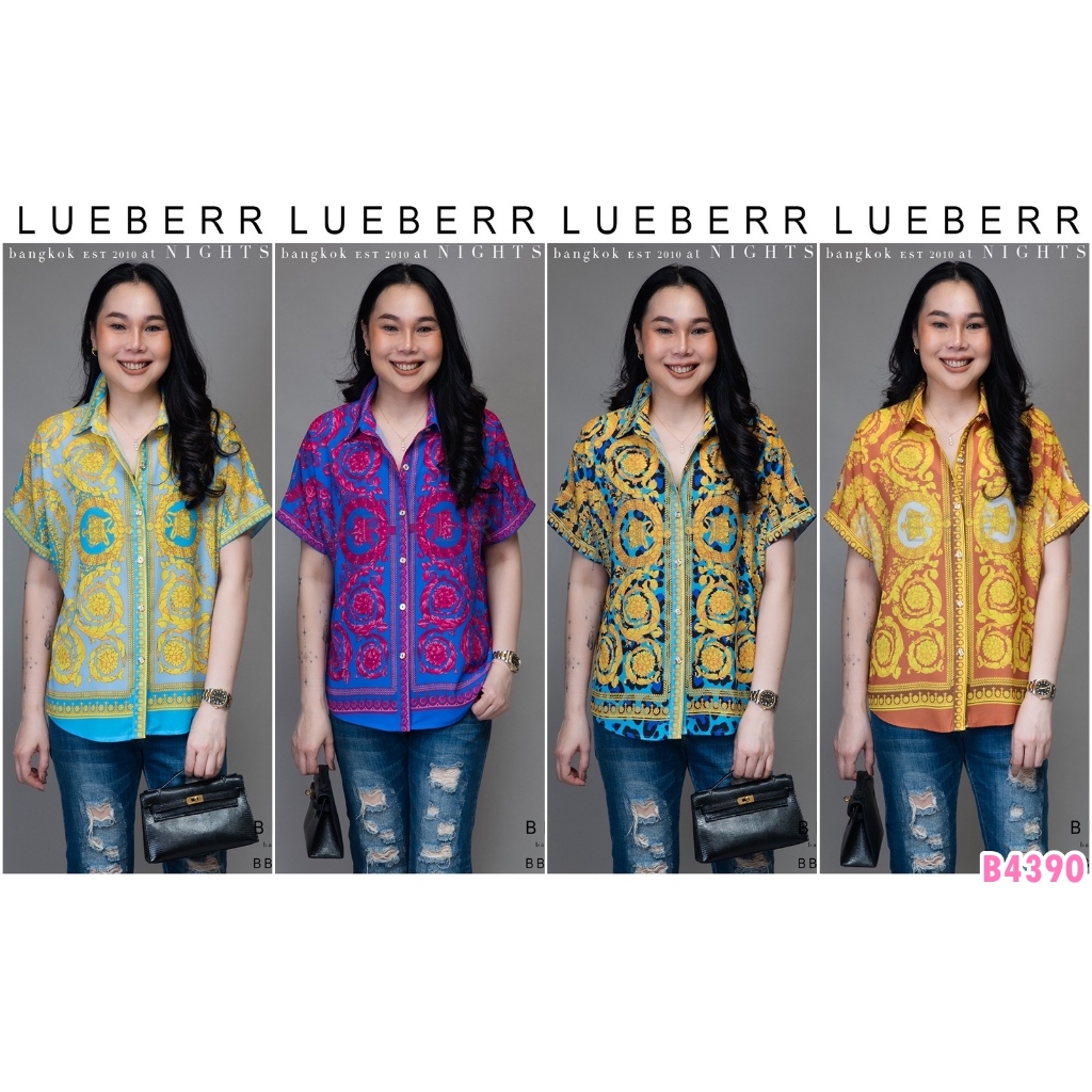 (อก46) B4390 BLUEBERRY NIGHTS เสื้อเชิ้ต คอปก แขนสั้น ผ้าโพลิเอสเตอร์เบลนด์ พิมพ์ลายทั้งตัว