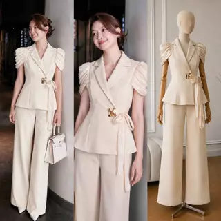 S-XXL ชุดเซท 2 ชิ้น เสื้อทรงสูท+กางเกงขายาว สีครีม/ชมพู/ดำ สวยค่า #lalabelle