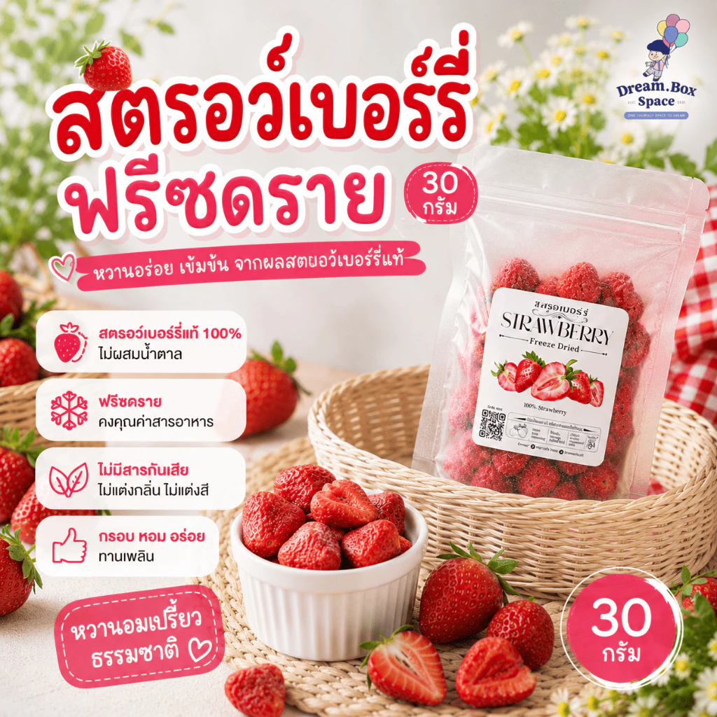 สตรอว์เบอร์รี่ฟรีซดราย 30 กรัม ผลิตจากสตรอว์เบอร์รี่เกรด A+ ไม่ใส่น้ำตาลเพิ่ม