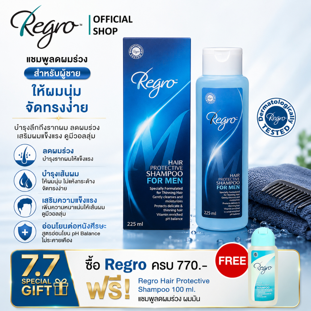 Regro Shampoo for Men 225 ml. แชมพูลดผมร่วงสำหรับผู้ชาย ให้ผมนุ่ม จัดทรงง่าย สูตรเย็น