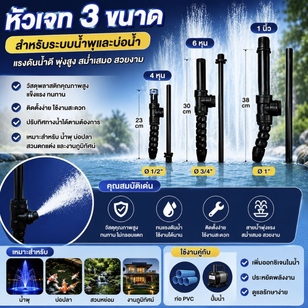หัวเจทน้ำพุ 3 ขนาด | ปรับทิศทางน้ำได้ ติดตั้งง่าย แข็งแรง ทนทาน