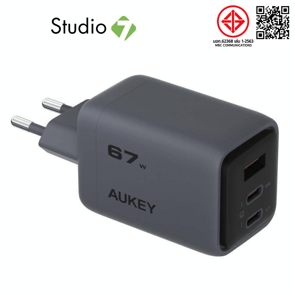 อะแดปเตอร์ AUKEY Wall USB Charger 1 USB-A / 2 USB-C (PD67W) GaN Gray (PA-C3) (TISI) by Studio7