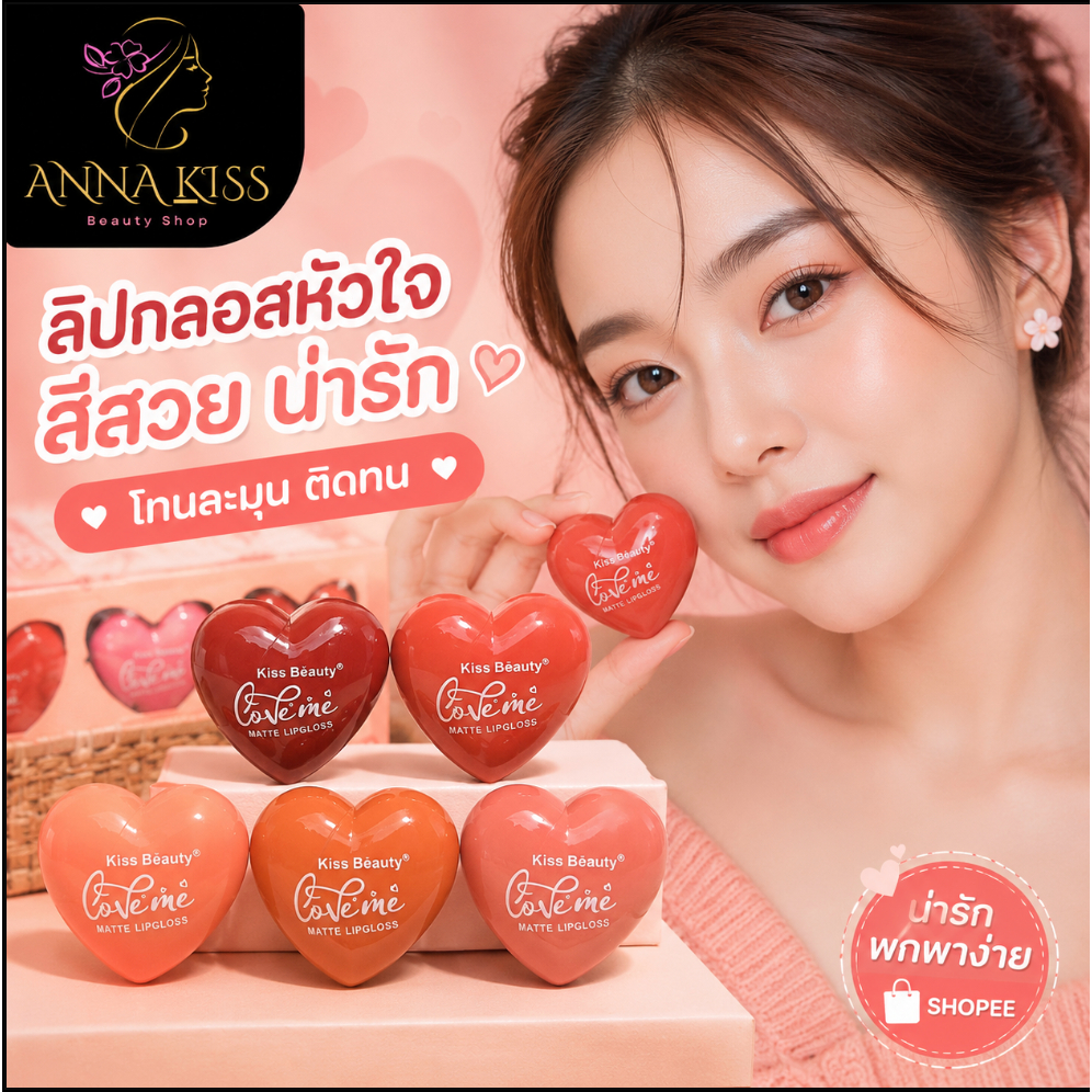 Kiss Beauty7870-03 LoveMe Matte Lip Gloss ลิปหัวใจสุดฮิต  เนื้อแมท เม็ดสีแน่น สวยทุกสี มีให้เลือกถึง 6 สี ลิปหัวใจ