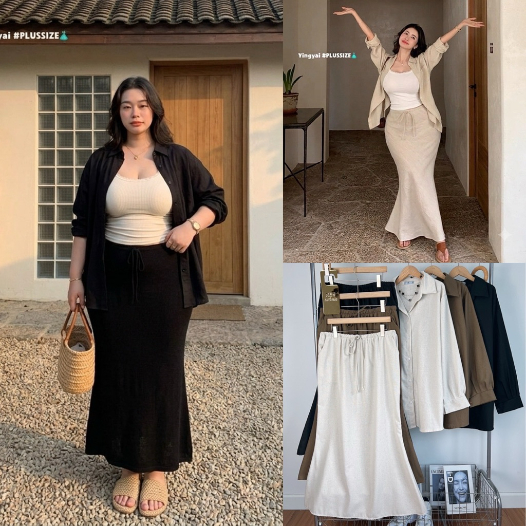 /YY/ ชุดเซ็ต2ชิ้นสาวอวบ ไซส์อก40-50 เสื้อเชิ้ตแขนยาว+กระโปรงทรงหางปลา เอวสม็อครอบ ผ้าฝ้ายลินิน ลุคสมาร์ทแคชชวล #พลัสไซส์