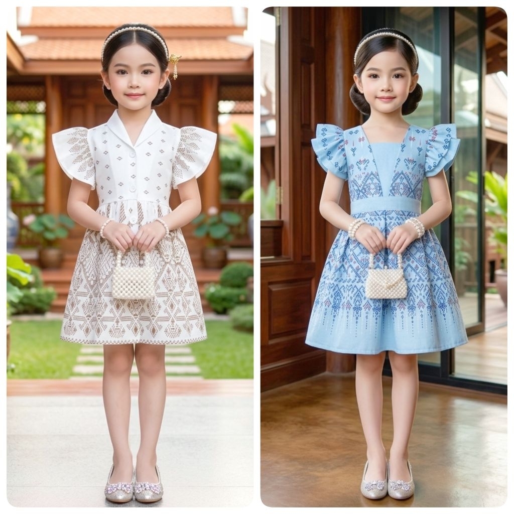 ชุดไทยเด็ก รุ่นมินิเดรสเด็กผู้หญิง แขนระบายมีเชือกผูกเอว