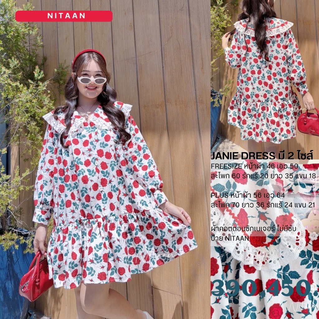 NITAAN(46/56)NEW JANIE DRESS เดรสเจนี่ ทำเป็นเดรสปกระบายลูกไม้ เดินริบบิ้นหยักที่ปก แต่งกระดุมหลอกดอกไม้ ทรงปล่อยลายสวย