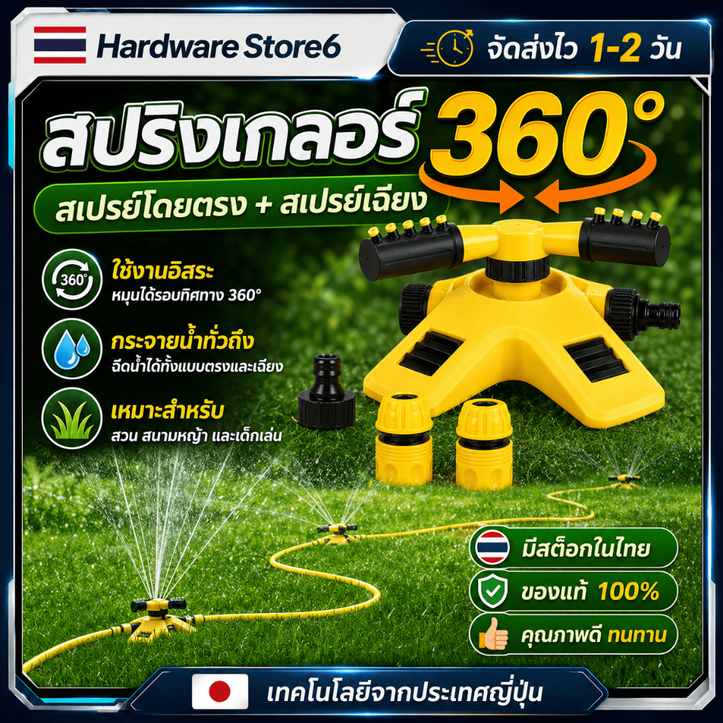Hardware Store6 จัดส่งภายใน 24 ชม. สปริงเกลอร์รดน้ำสวน หมุนอัตโนมัติ 360° ปรับหัวฉีดได้ ครอบคลุมกว้าง ทนทาน ใช้งานง่ายดี