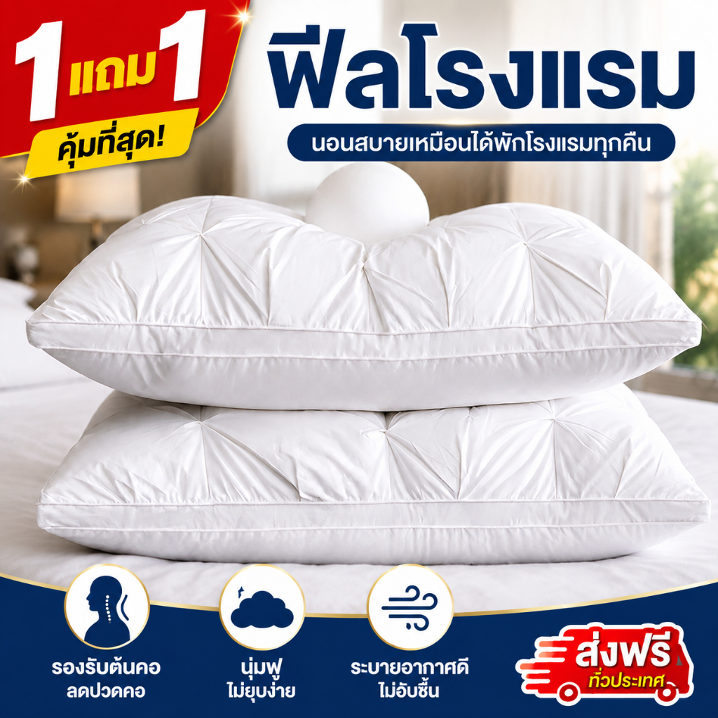 1 แถม 1🌟หมอนโรงแรม 5 ดาว หมอนสุขภาพ 1000G ใยโพลีเอสเตอร์ นุ่มสบาย หลับสบาย 48x74 ซม.