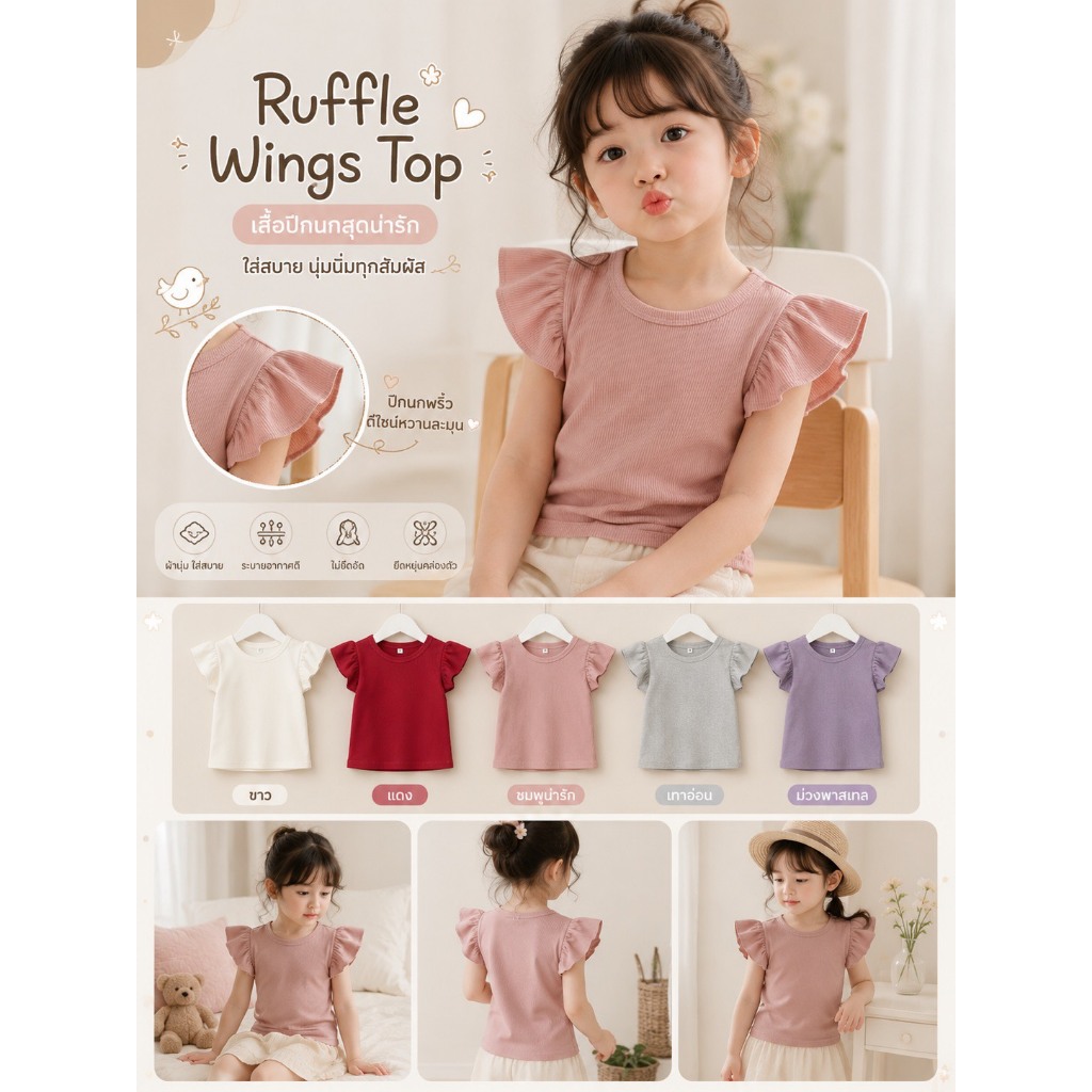 (KIDS) เสื้อยืดเด็กหญิงผ้าร่องแขนระบาย สีพาสเทลหวานๆ  ใส่ได้ตั้งแต่ 1-7 ขวบ