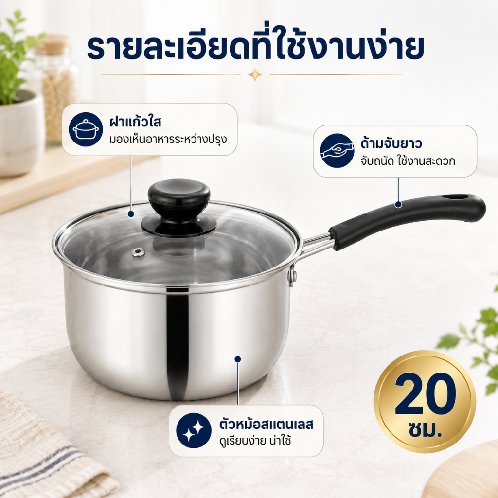หม้อด้าม 20 ซม. หม้อต้มสแตนเลส พร้อมฝาแก้วทนความร้อน ใช้ได้ทุกเตา เตาแม่เหล็กไฟฟ้า หม้ออุ่นซุป หม้อชาบูมินิ สแตนเลสแท้ ไ