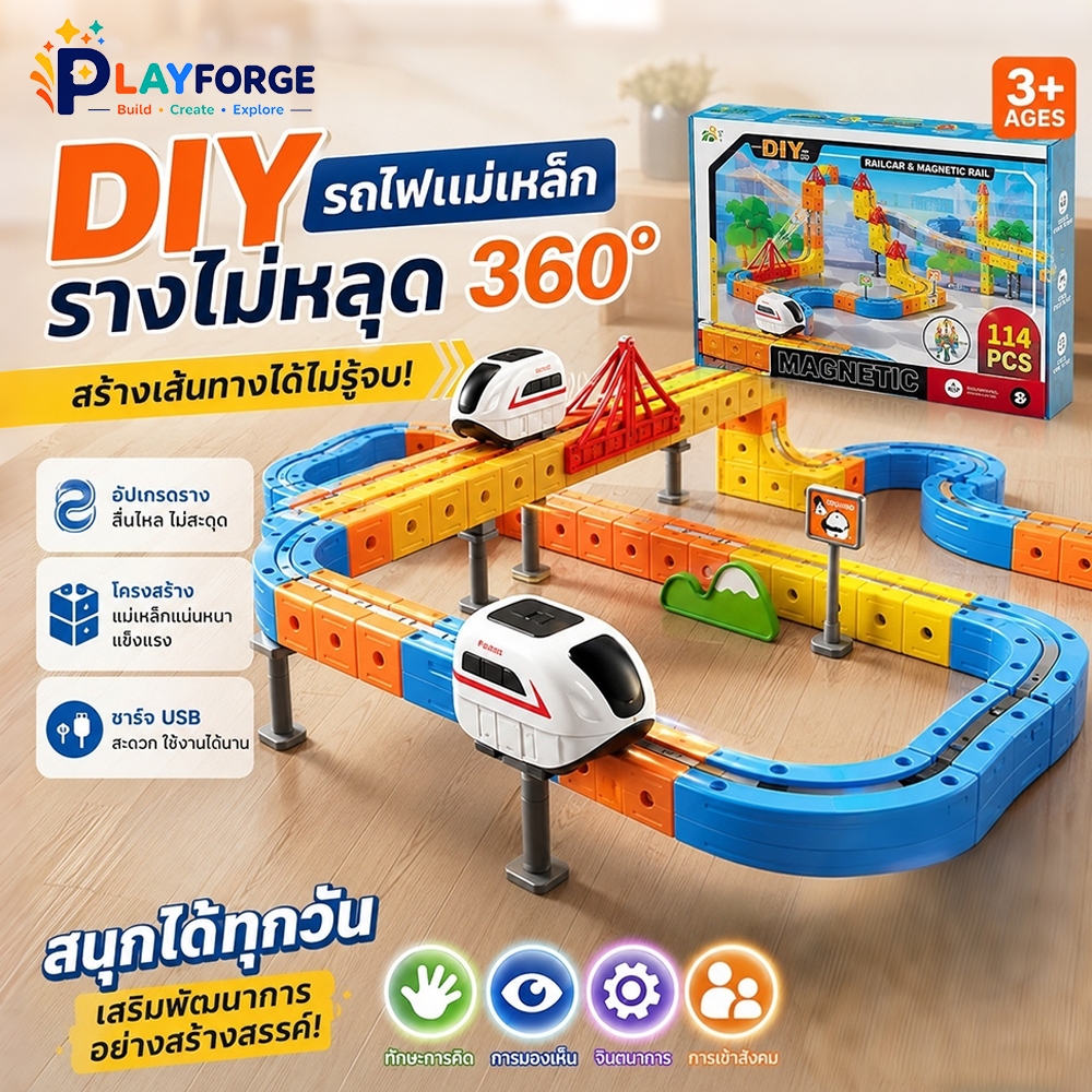 ชุดรถไฟรางแม่เหล็ก 3D ของเล่นเด็ก ฝึกสมอง เสริมทักษะ DIY เส้นทางรถไฟ