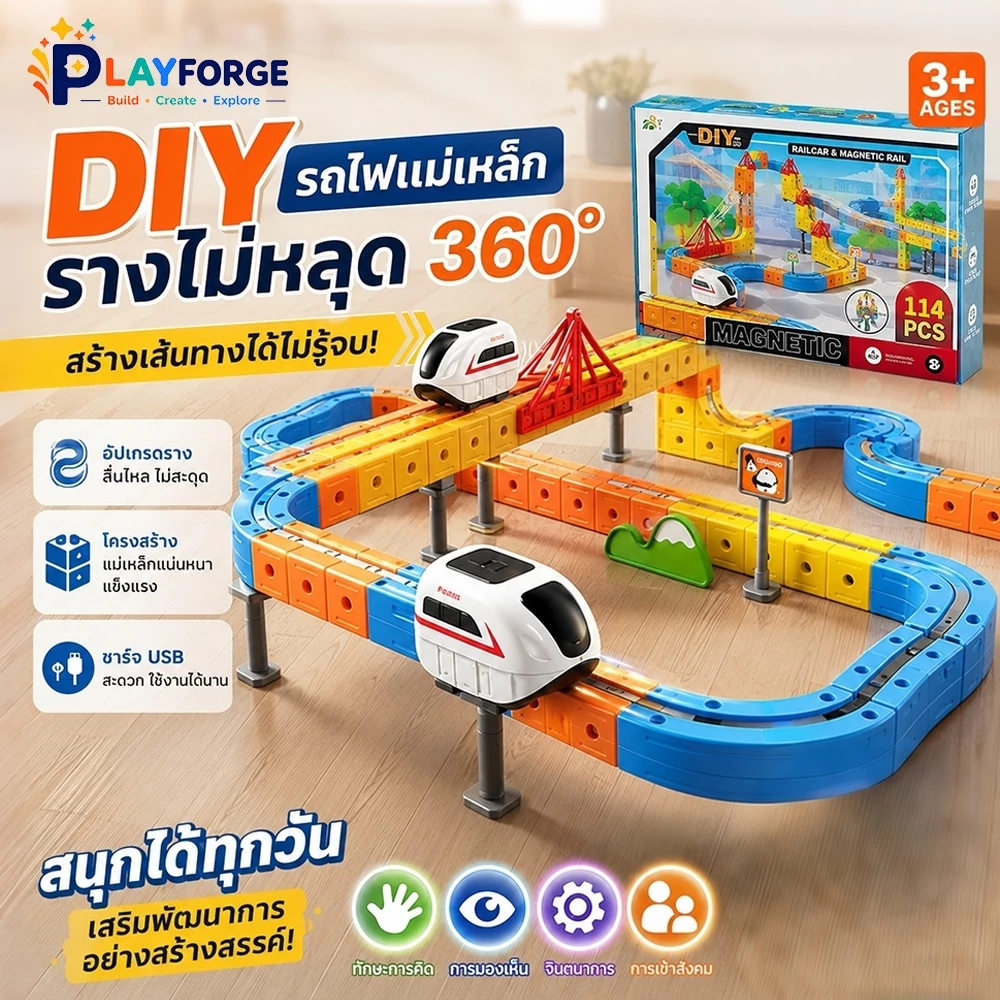 ชุดรถไฟรางแม่เหล็ก 3D ของเล่นเด็ก ฝึกสมอง เสริมทักษะ DIY เส้นทางรถไฟ