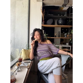 Soleil Off Shoulder เสื้อนิตทอลายทางทรงเปิดไหล่