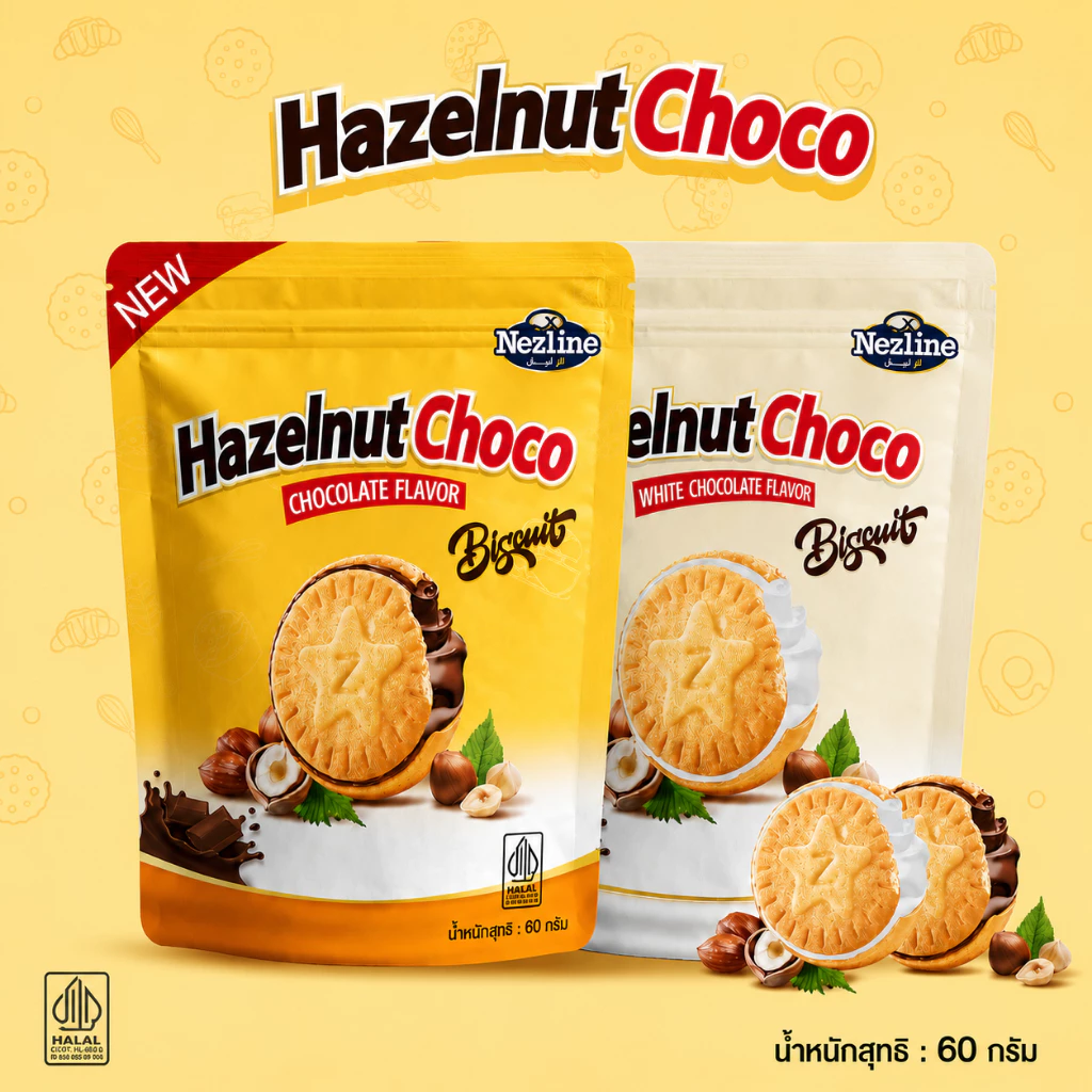 Hazelnut Choco บิสกิตเฮเซนัทช็อค คุกกี้สอดไส้ถั่วเฮเซนัทผสมช็อคโกแลต (ช็อกโกแลต,ไวท์ช็อกโกแลต) ตราเนสไลน์