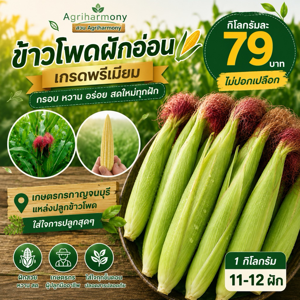 ข้าวโพดฝักอ่อน ข้าวโพดแอ้ เกรดพรีเมียม สดจากไร่ กาญจนบุรี 1 กก. (11-12 ฝัก) ไม่ปอกเปลือก