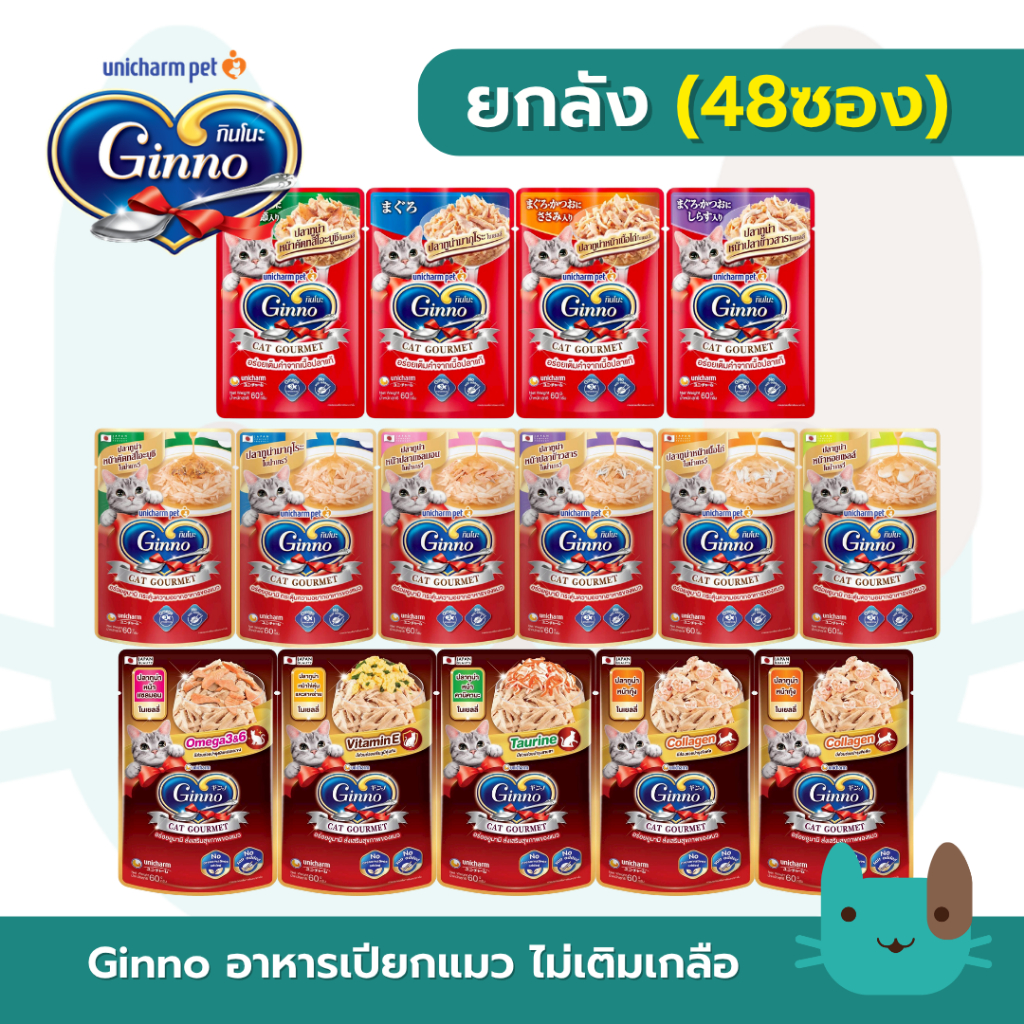 (ยกลัง) Ginno อาหารเปียกแมวกินโนะ 48 ซอง เกรดพรีเมี่ยม ไม่เติมเกลือ