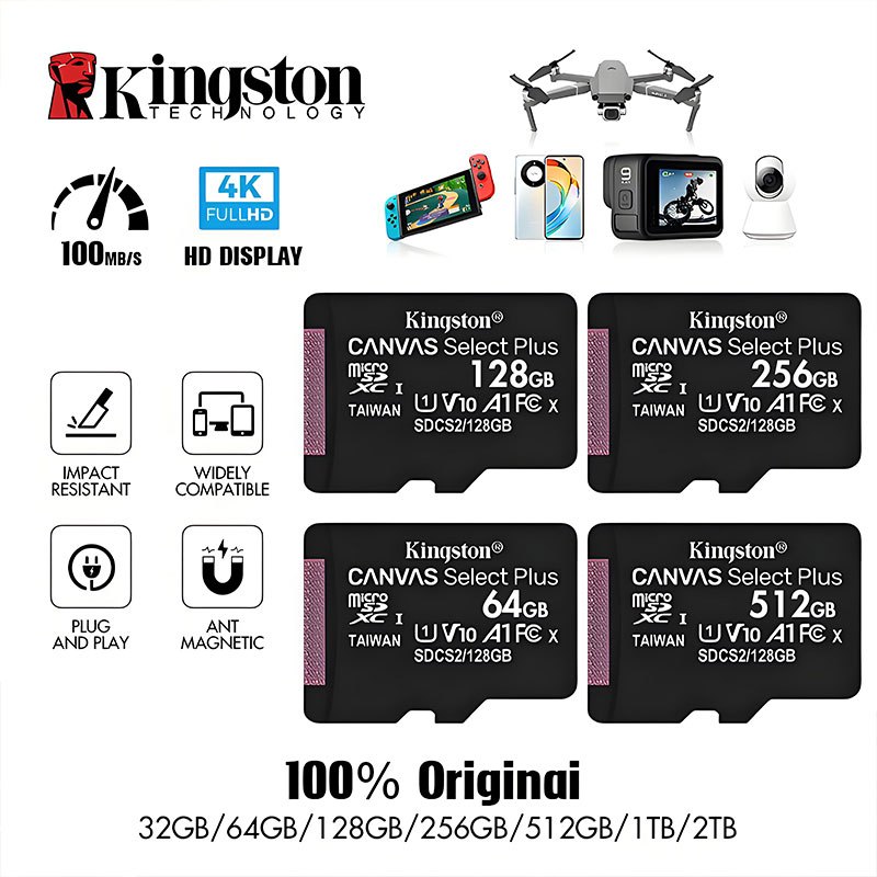Kingston Micro SD Card Canvas Select Plus 128GB 256GB 512GB การ์ดหน่วยความจำ รองรับ Android A1
