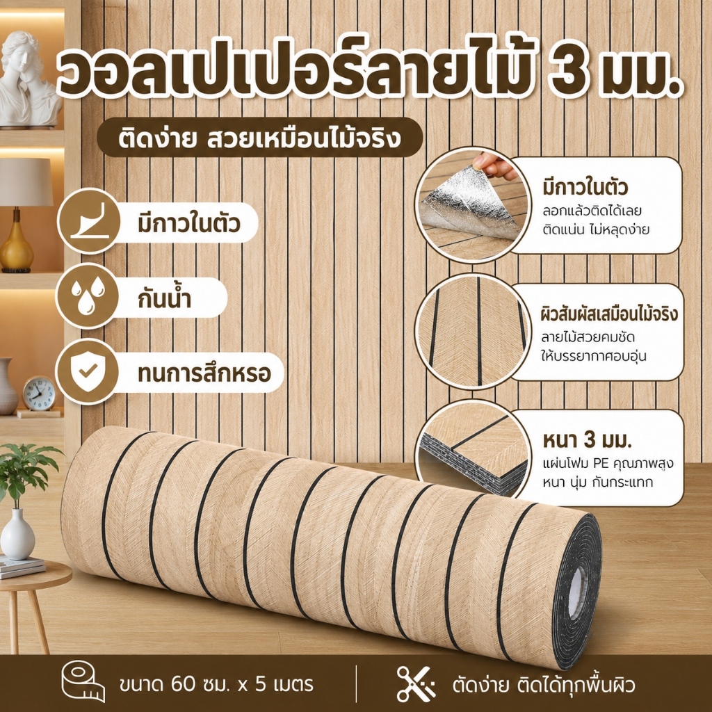 【รุ่นอัพเกรด】วอลเปเปอร์ลายไม้ 3D พร้อมกาวในตัว รุ่นหนาพิเศษ กันน้ำ กันความชื้น ไม่มีกลิ่น สวยงาม ใช้งานได้จริง